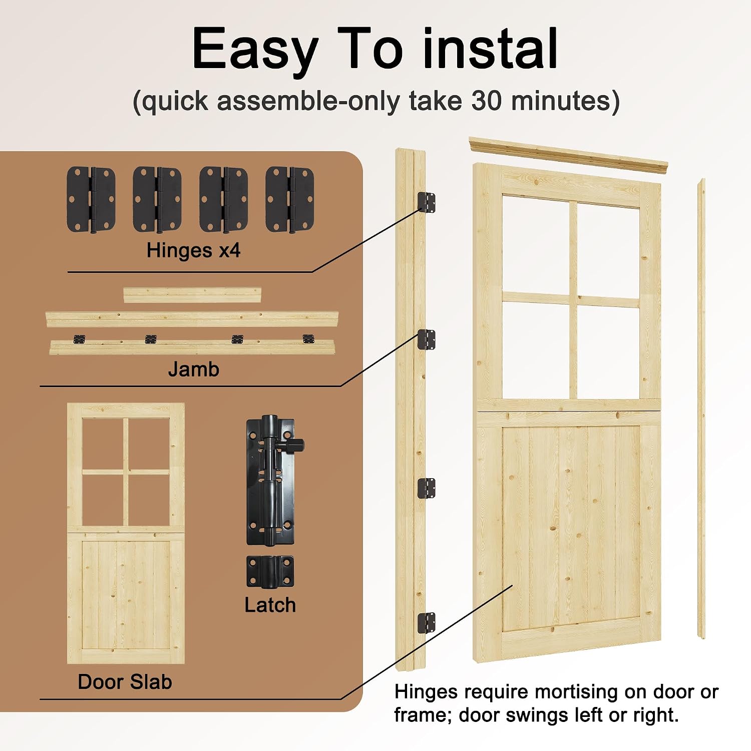 Exterior Prehung Dutch Door, 30' x 80', Universal 4 Lite Tempered Clear Glass Split Single Doors, Solid Core Home Entry Door, Natural Pine Wood - with 4 Hinges & 1 Latch & Jamb, Jamb Assembly Needed