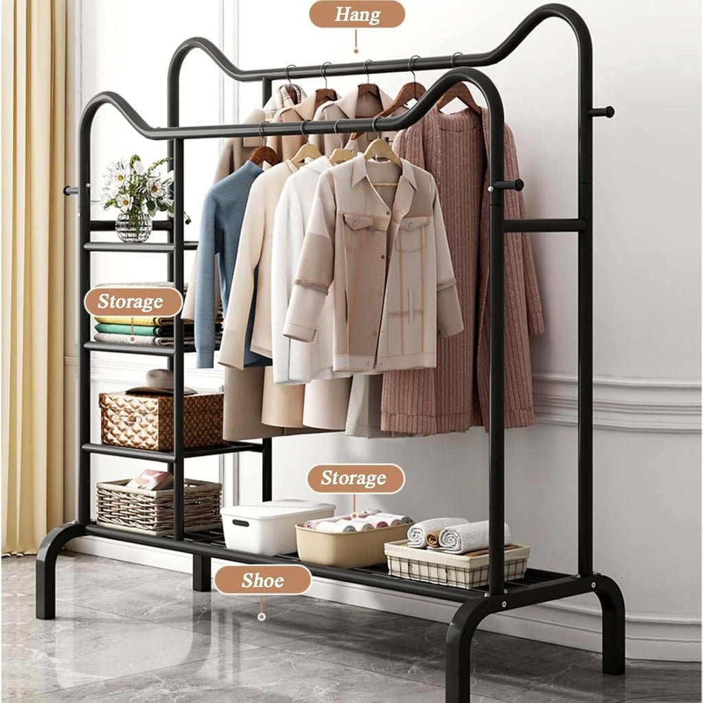 YSUEFIJO Heavy Duty Clothes Rack for Hanging Clothes, Double Rod Clothing Garment Rack, Portable Clothing Rack Metal, Free Standing Wardrobe Rack, Multi-Functional Bedroom Clothes Rack