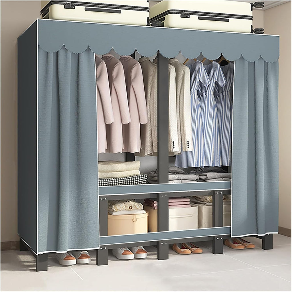 Foldable Wardrobe Closet With Cover, Metal Clothing Rack For Hanging Clothes, Portable Coat Storage Garment Rack, One-Piece Folding Base, For Bedroom, Dorm(Blue2,190cm/74.8inch)