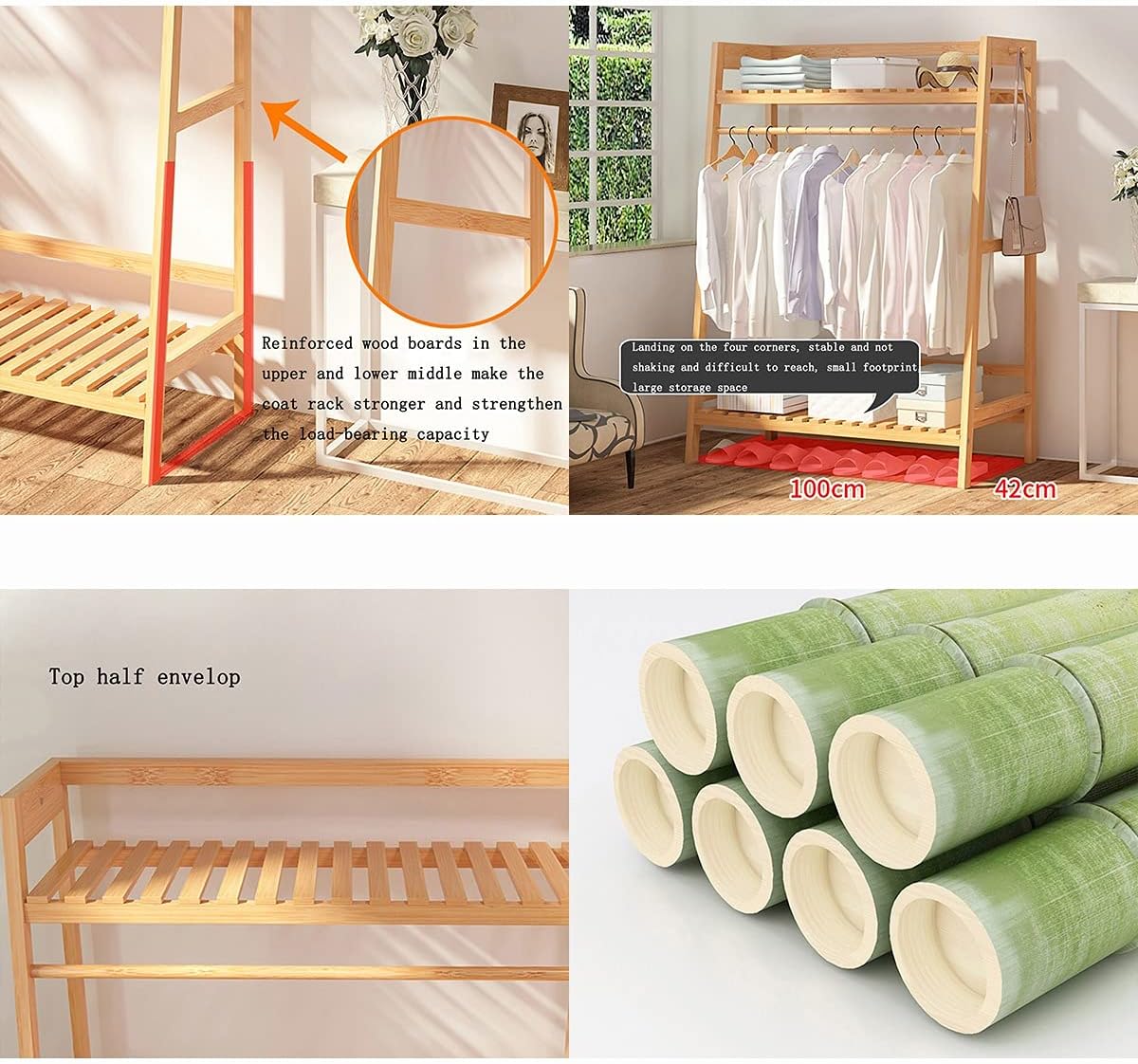 Garment Rack Wooden Clothing Garment Rack with Shelves Heavy Duty Clothes Hanging Rails Wood Clothes Hanger Rack Open Wardrobe Closet Coat Stands Multifunctional,110x42x140cm