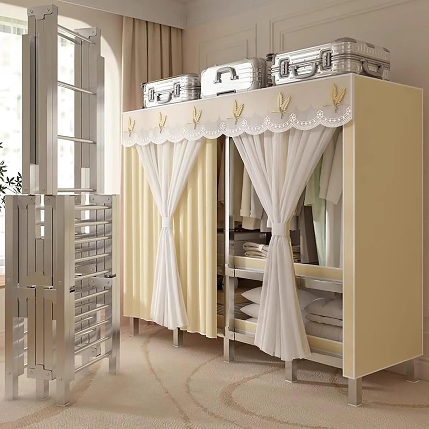 Portable Wardrobe Closet, 67.7 in Heavy Duty Metal Clothing Rack with Cover, Foldable Clothes Rack for Hanging Clothes, Garment Racks Organizer(80cm/31.5in)