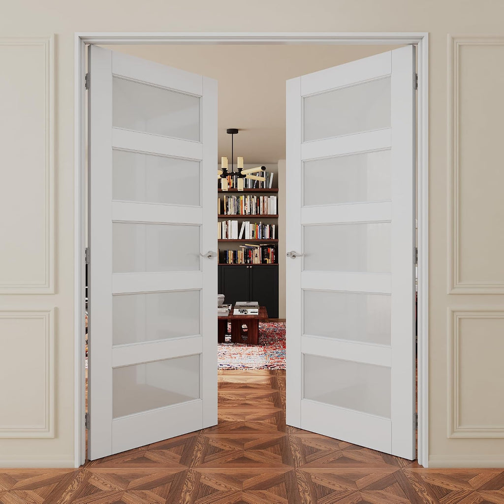 French Door 64' x 80' (Double 32' x 80') 5-Lite Frosted Glass Door Slabs with Pre-hung Jamb, Silver Hinges, Levers and Latch, White Primed, French Interior Doors with frame, Swing Double Bedroom Doors
