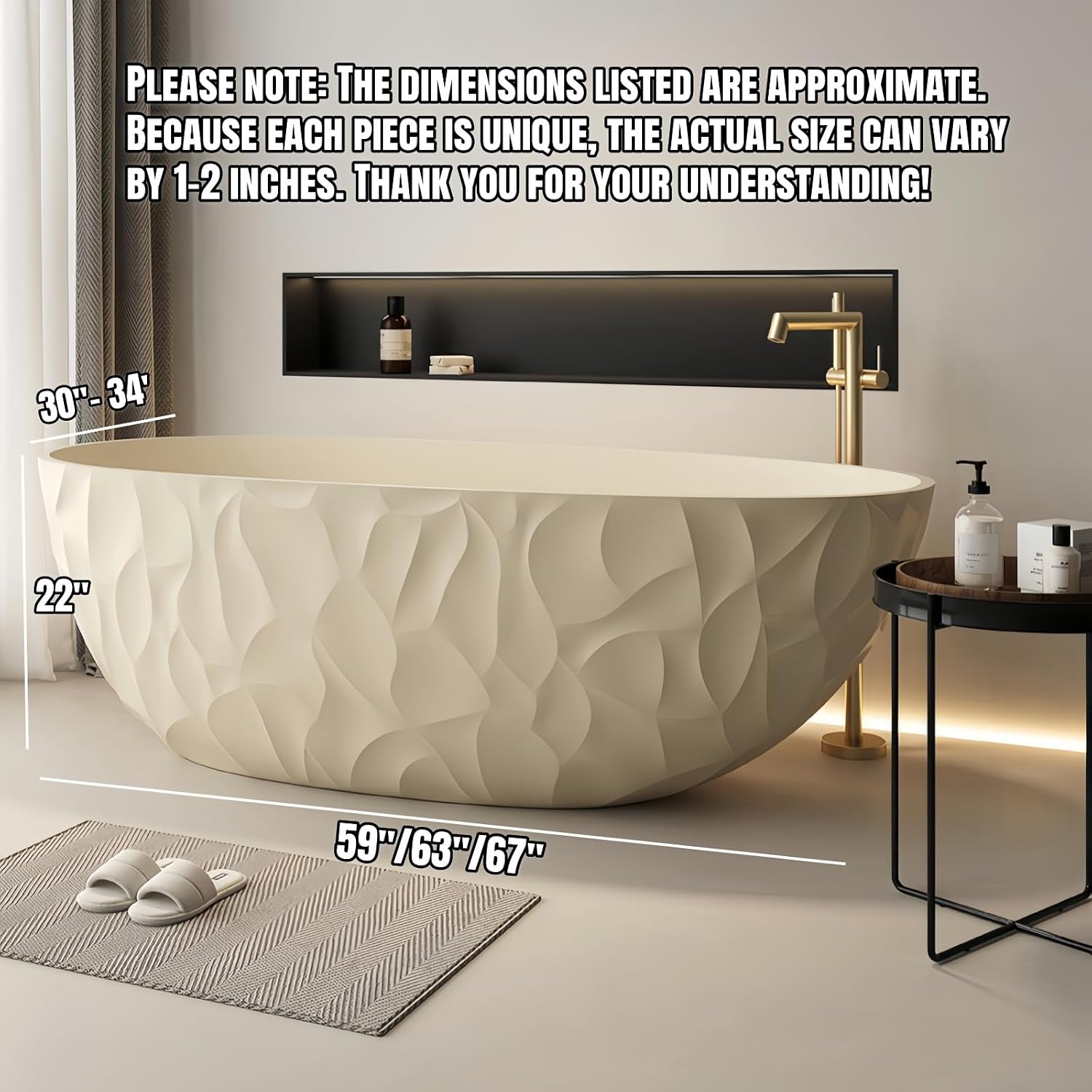 67' Edeyeu Luxury Freestanding Bathtub – Modern Solid Surface Bathtub With Ripple Design, Extra Deep Soaking Tub, Ergonomic Stand Alone Tub For Contemporary Luxury Bathrooms C