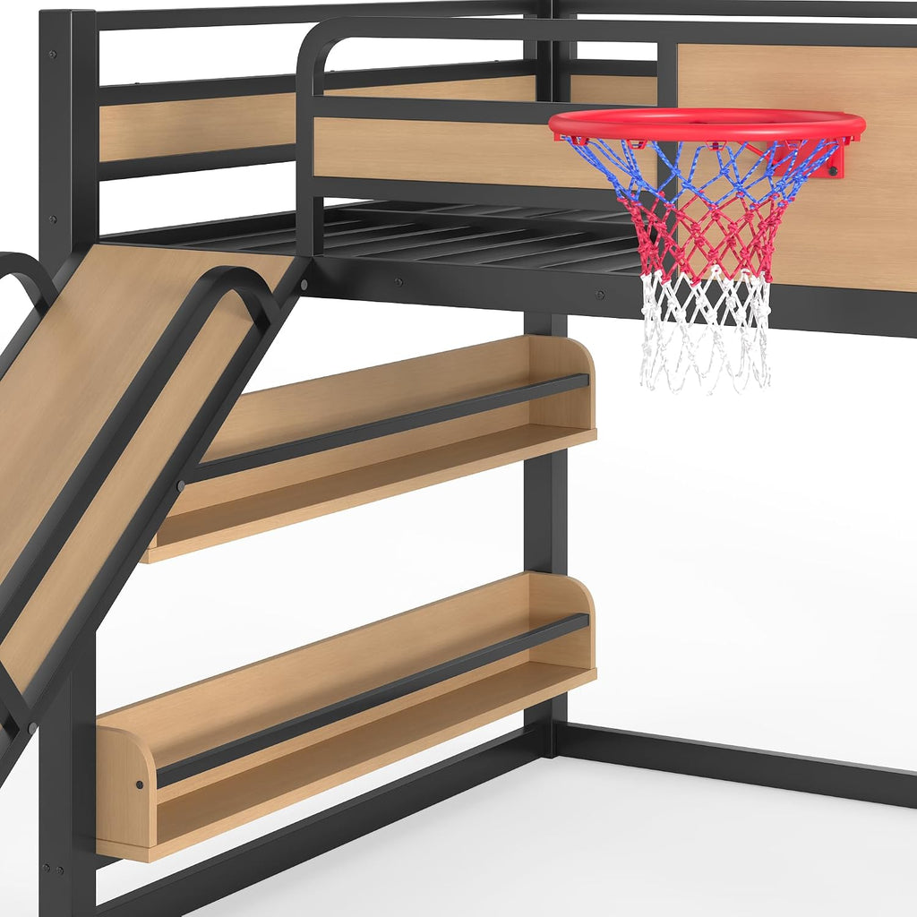 Metal Full Over Full Bunk Bed with Slide & Bookshelf, Heavy Duty Bunk Bed Frame with Basketball Hoop, Pull-Up Rings and Climbing Wall, Playhouse Bunk Beds for Boys and Girls, Yellow
