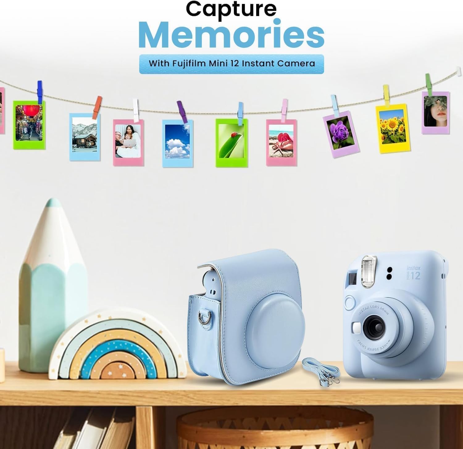 FUJIFILM INSTAX Mini 12 Holiday Bundle 2025 | with Extra Instax Mini Film + 4 Pk AA Batteries & Sunshine Photo Microfiber Cleaning Cloth (10 Items) (80 Sheets, Pastel Blue)