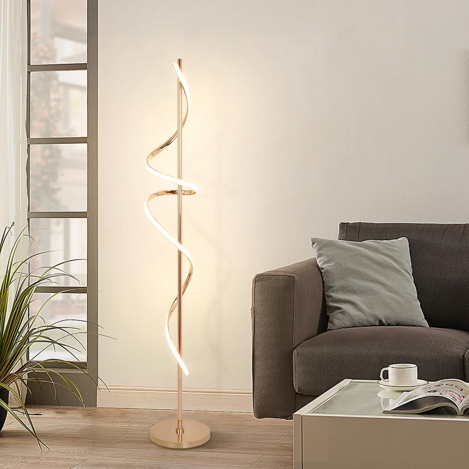 EIDISUNY LED Floor Lamp for Living Room, 60 inches Spiral Floor Lamp with Remote Control, 48W, 3 Color Temperatures,Dimmable, for Bedroom, Office Gold