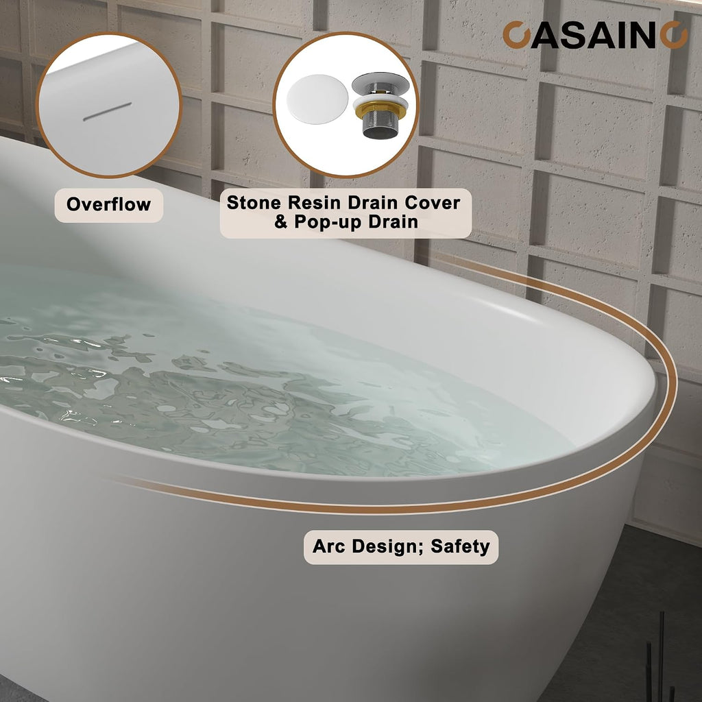 CASAINC 59'' Resin Stone Freestanding Bathtub with Pillow, Matte White Free Standing Bathtub Contemporary Soaking Stand Alone Tub, Overflow & Pop-up Drain, Drain Hose & Sanding Paper