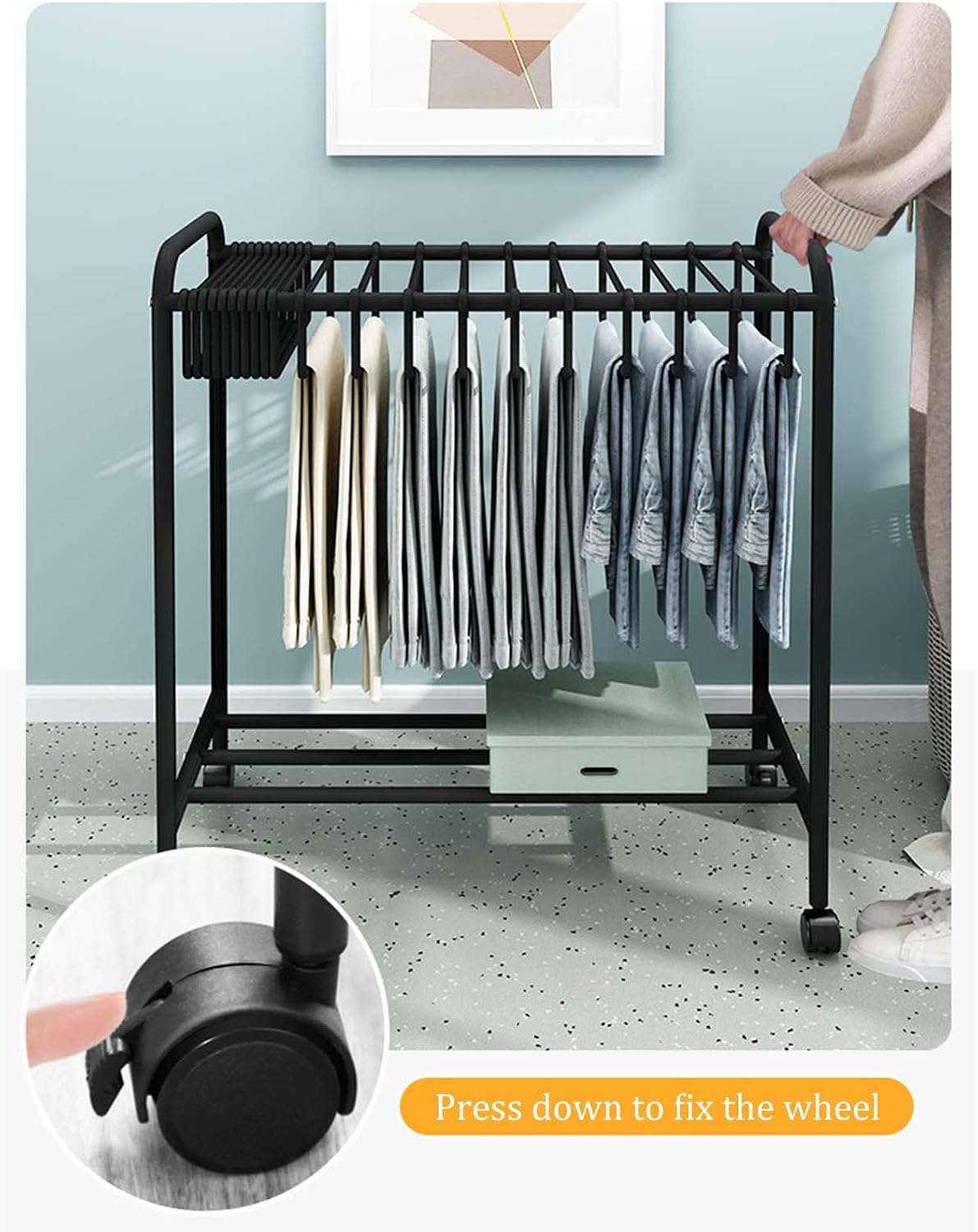 Display Stand Freestanding Pants Hangers Rolling Trolley Trousers Rack, Movable Multifunctional Jeans Hangers Closet Organizer Shelf Metal Garment Rack (White