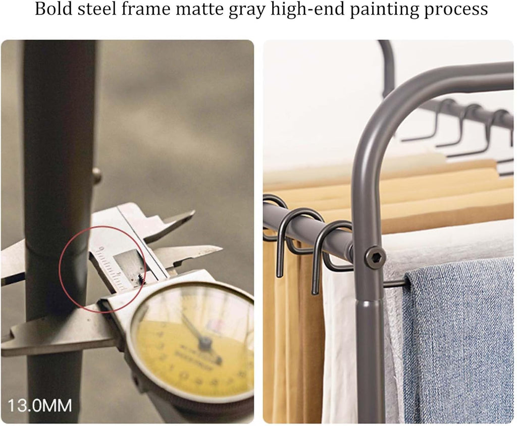 Display Stand Pants Hangers Rolling Trolley Trousers Rack, Floor Standing Jeans Hangers Metal Scarves Rack Clothing Closet Organizer Shelf Blanket Rack (L70*W33*H70CM with Side Pockets