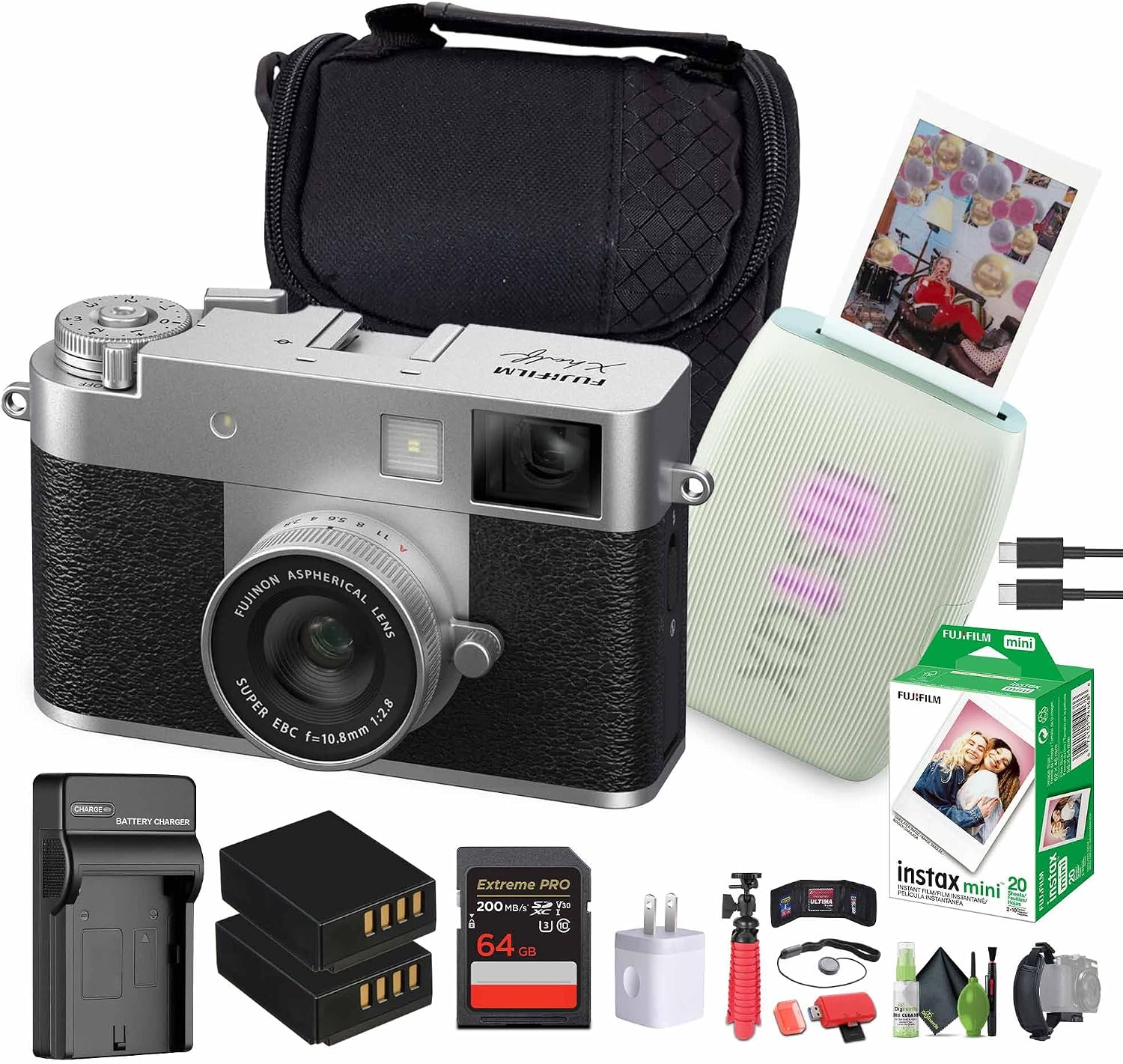 FUJIFILM X Half Premium Compact Digital Camera (Silver) Bundle with Fuji INSTAX MINI Link 3 Smartphone Printer (Sage Green) + Instax Mini Film + Extra Battery + Charger + 64GB Memory Card + More