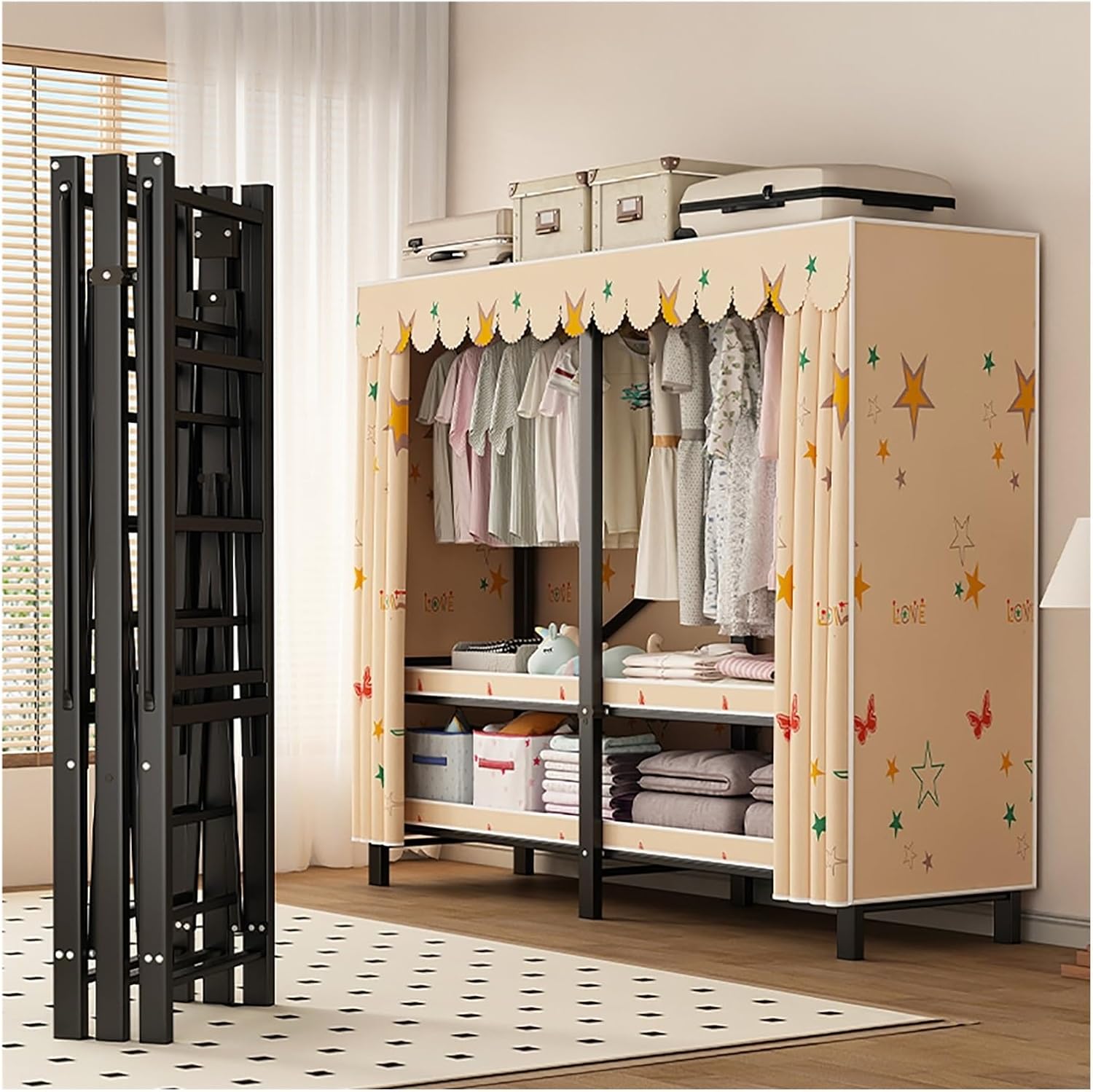Foldable Clothe Rack With Cover, Garment Coat Storage Rack, Metal Clothing Organizer, Foldable Clothes Rack For Hanging Clothes, One-Piece Folding Base For Bedroom(Yellow,168cm/66.1inch)