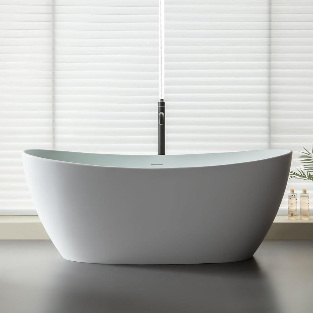 SJ STAR&JANE 65' Solid Surface Freestanding Bathtub Stone Resin Tub Oval Double Slippers Stand Alone Soaking Tub with Pop-up Drain and Overflow, Matte White