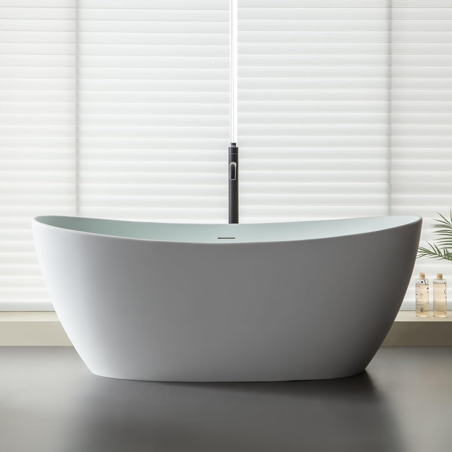 SJ STAR&JANE 65' Solid Surface Freestanding Bathtub Stone Resin Tub Oval Double Slippers Stand Alone Soaking Tub with Pop-up Drain and Overflow, Matte White