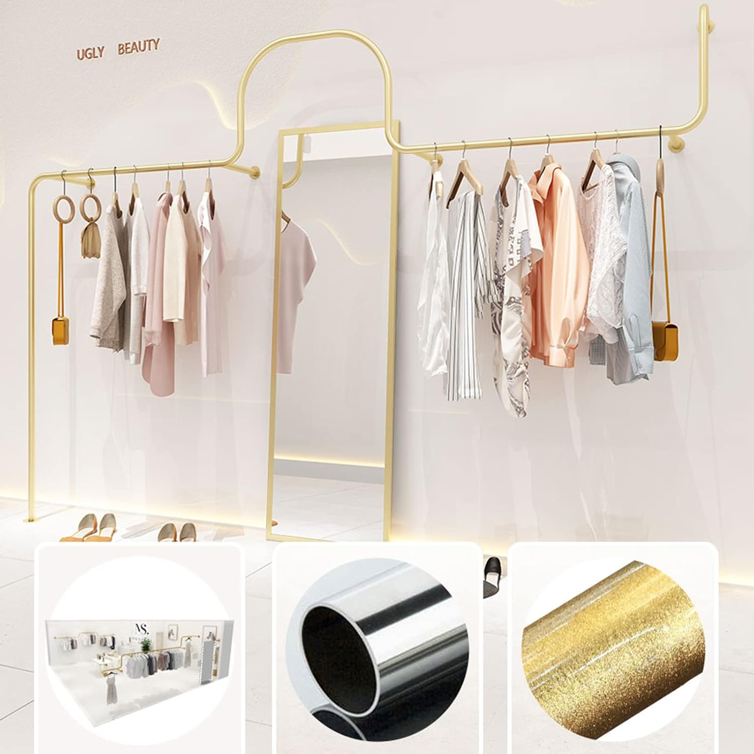 Display Rack for Women's Clothing Store,Wall Mounted Industrial Pipe Garment Rack,Metal Floor Shelf for Retail Display/Laundry/Boutique/Clothing Store (G-300cm/118in