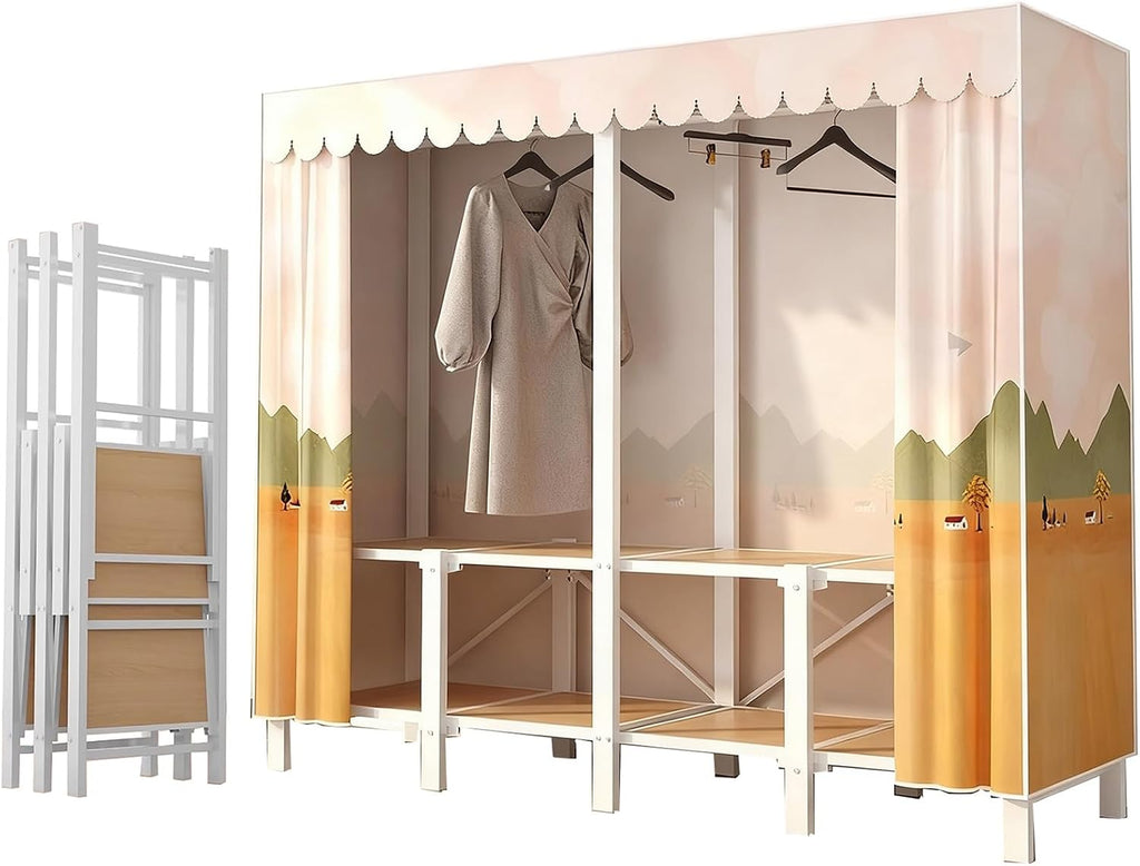 Foldable Portable Closet with Cover, Heavy Duty Armoire Wardrobe, 67.3 in Covered Clothes Rack, Storage Garment Racks for Hanging Clothes(C,150cm/59in)