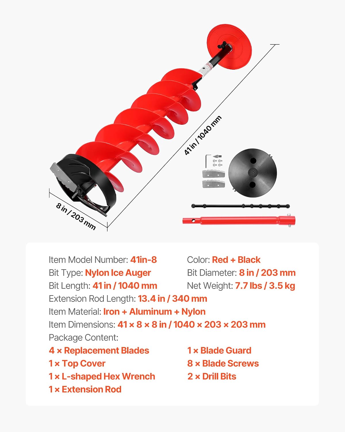 VEVOR Nylon Ice Auger Drill Bit, 8' Diameter 41' Length, Cordless Ice Augers for Ice Fishing with Extra 13.4in Extension Rod, Drill Adapter, Top Plate and Blade Guard