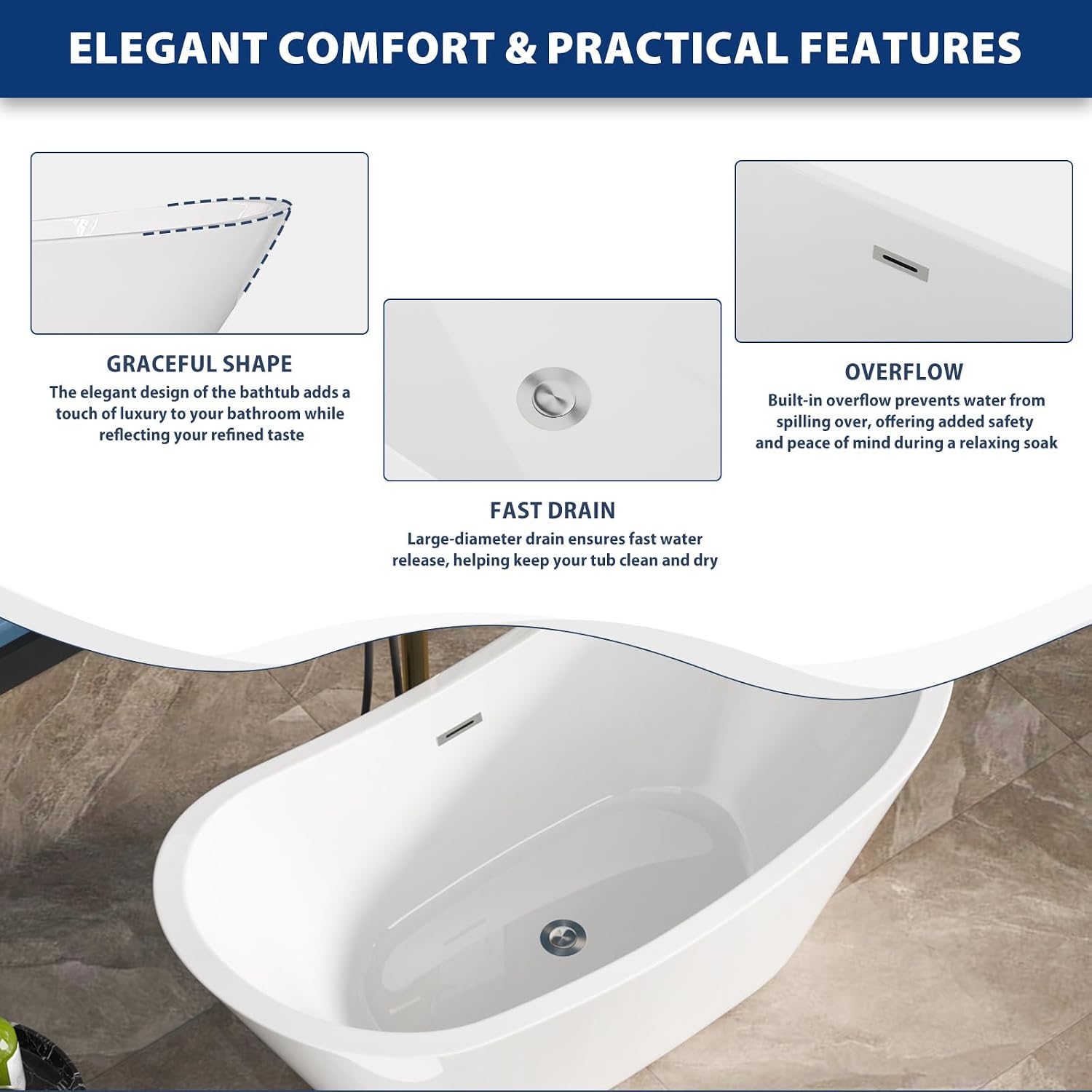 Sarlai 59 Inch Acrylic Freestanding Soaking Bathtub Contemporary Soaking White Tub Stand Alone Ergonomic Bathtub with Chrome Drain and Overflow