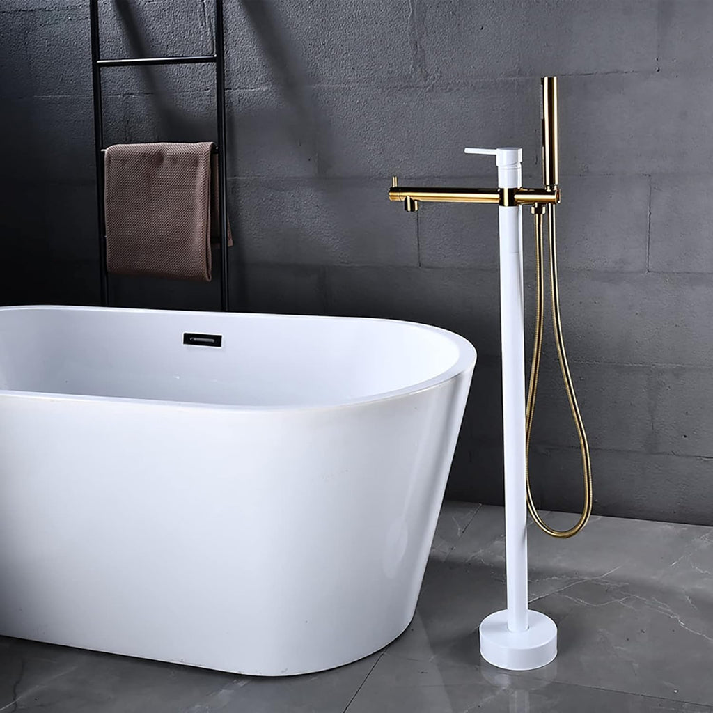Freestanding Bathtub Faucet with Handheld Shower - Floor Mounted Tub Tap, 59-Inch Shower Hose, Stylish White Gold Finish