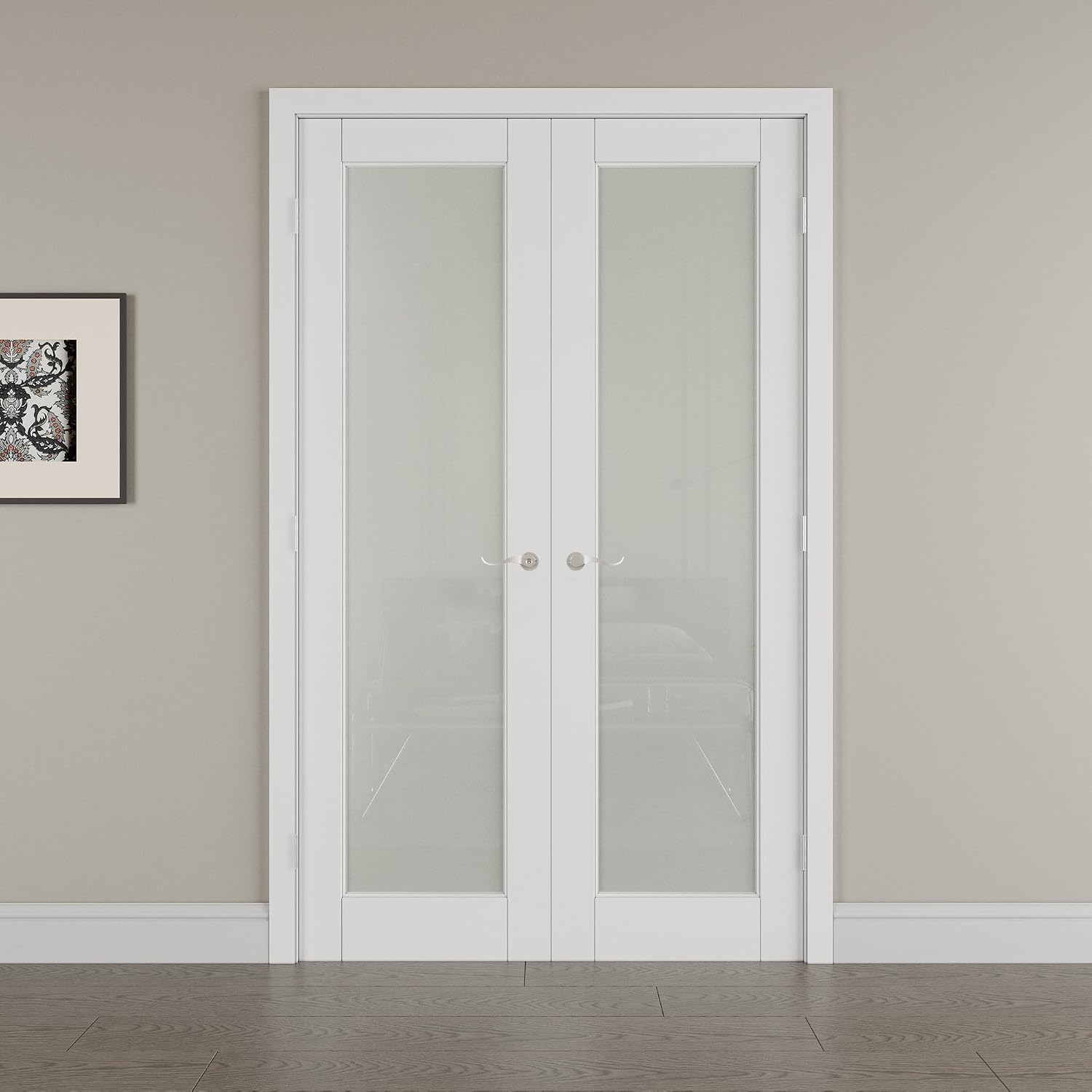 48' x 80' French Doors Interior (Double 24' x 80' Glass Frosted Glass Door with Silver Hinge Prehung Jamb Kit), Pre-Finished & Paintable, Prebuilt Home Door Panels & Assembly Required Jamb