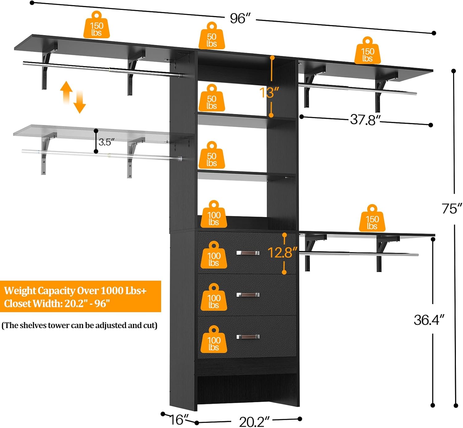 Closet System with 3 Drawers - 8FT Wood Closet Organizer with 3 Shelving Tower & Hanging Rods, 96' Walk-in Wardrobe Closet Organizer System for 4-8FT Spaces, Heavy Duty Garment Clothes Rack, Black
