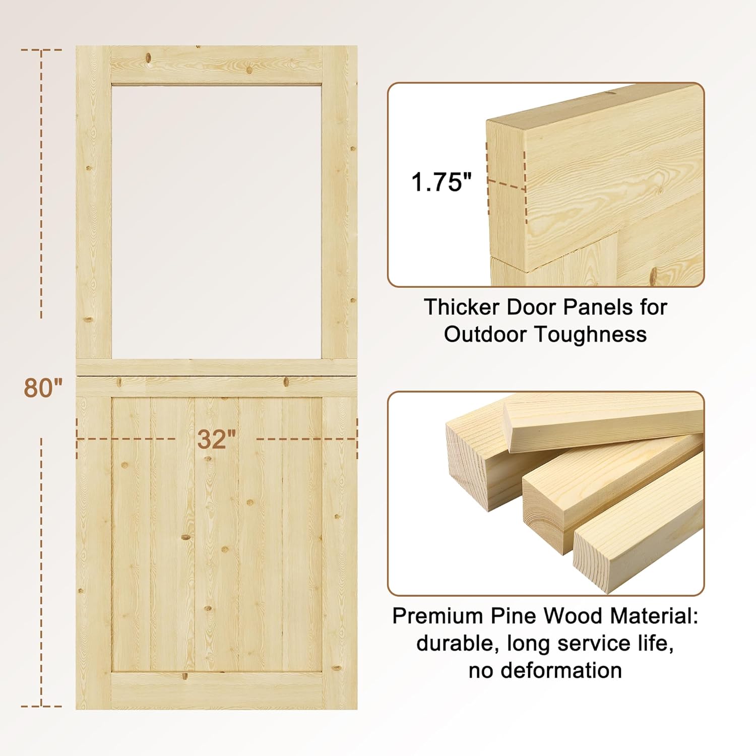 Exterior Dutch Door Slab, 32' x 80', Universal Tempered Clear Glass Split Single Doors, Solid Core Home Door, Natural Pine Wood - with 4 Black Hinges & 1 Latch, Without Jamb