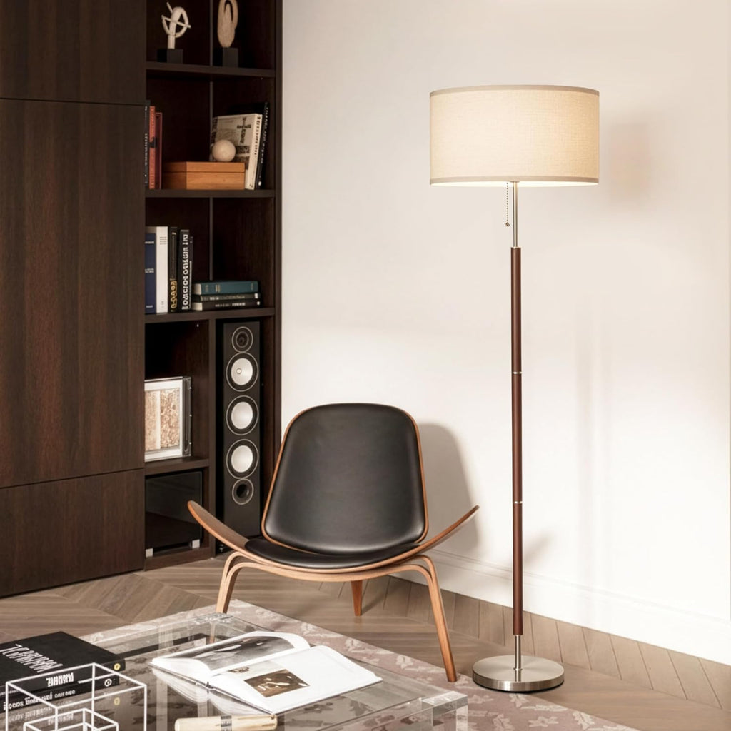Brightech Carter LED Floor Lamp, Drum Shade with Walnut Wood Finish, Great Living Room Décor, Mid-Century Light for Living Rooms & Offices, Mid Century Modern Lamp for Bedroom
