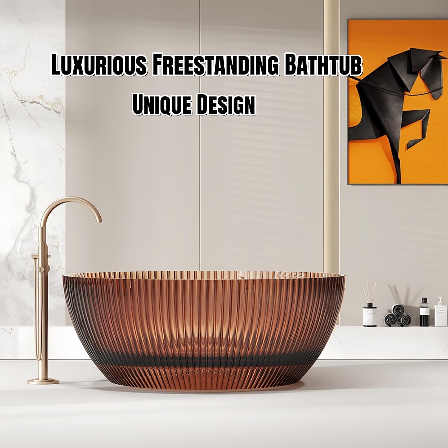 59' Edeyeu Freestanding Bathtub – Luxury Solid Surface Bathtub, Extra Deep Soaking Tub, Stand Alone Free Standing Tub, Crystal-Inspired Resin For Modern Bathroom Spa Experience Brown