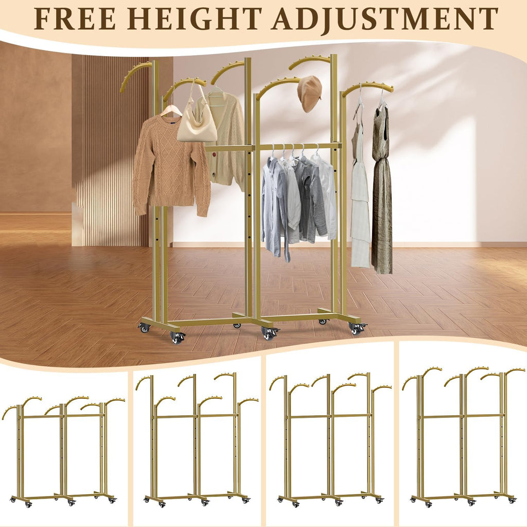 Clothing Rack,Heavy Duty Gold Clothing Rack with Adjustable Height, 6 Curved Arms Wheels - Floor Standing Metal Garment Rack for Retail Store Display Home Use,Black