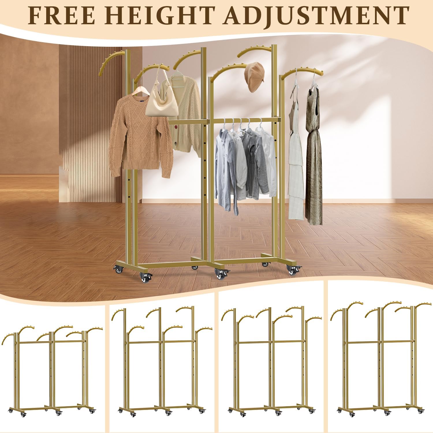 Clothing Rack,Heavy Duty Gold Clothing Rack with Adjustable Height, 6 Curved Arms Wheels - Floor Standing Metal Garment Rack for Retail Store Display Home Use,Gold