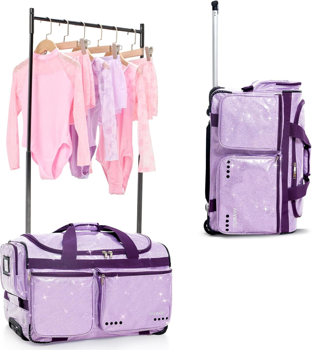 Fanwoli 23' Dance Bag with Garment Rack | Glittering Waterproof Fabric | Shine-Bright Collection | Ideal Competition Rolling Duffle Bag for Dancer Cheerleader Little Princess | Sparkle Purple