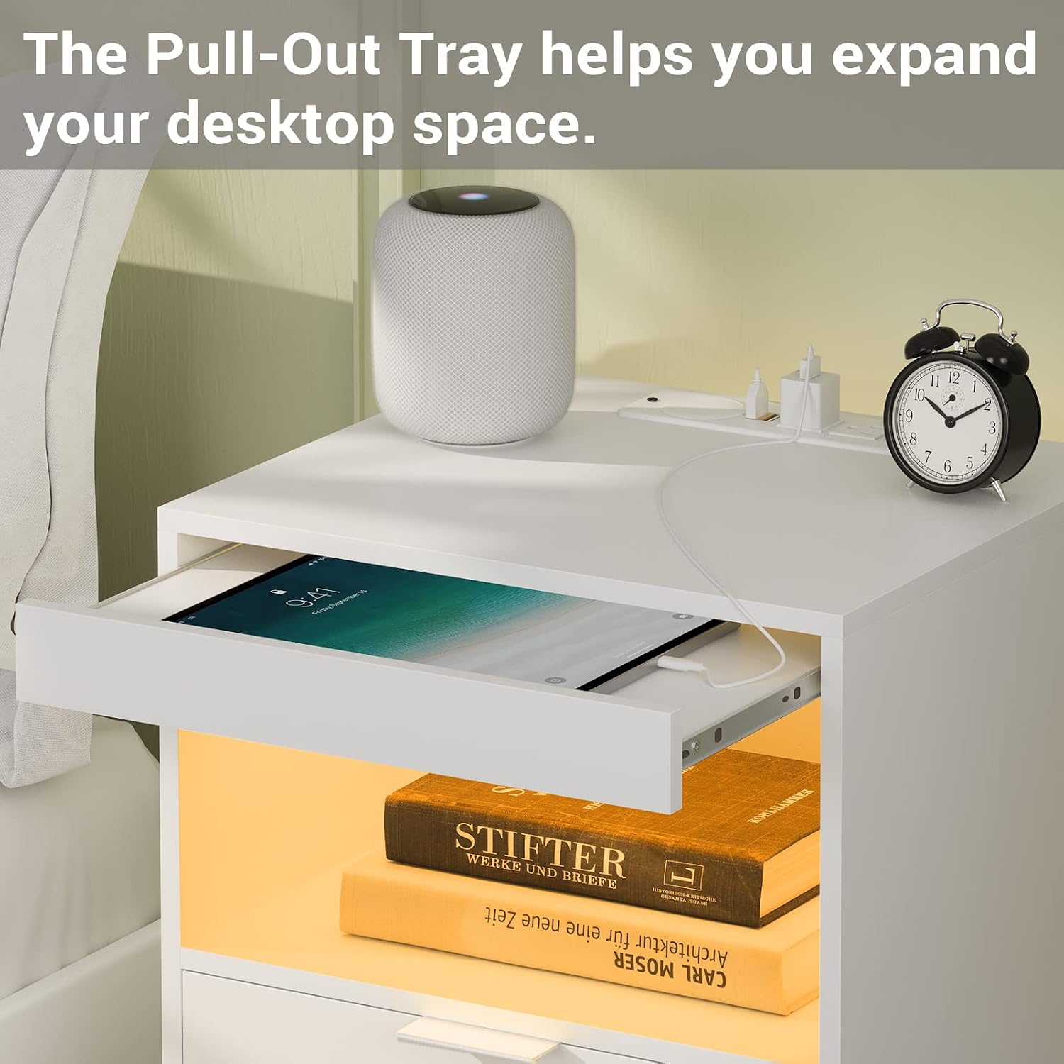 Tiptiper White Nightstand Set of 2, LED Nightstand with Wireless Charging Station, Night Stand with Drawers & Pull-Out Shelf, Modern Bedside Table with Storage, End Table Side Table