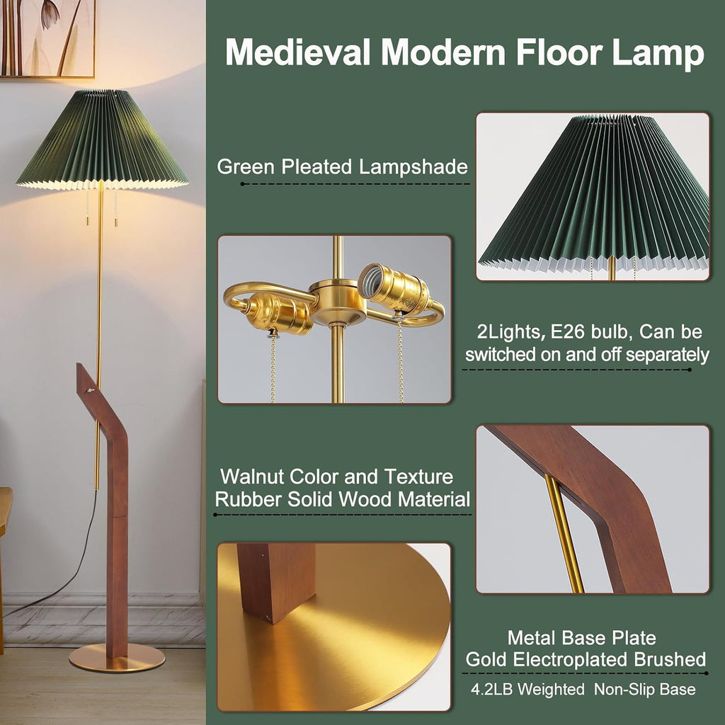 Floor Lamps for Living Room,Mid Century Modern Wood Floor Lamp | Height Adjustable, Tall Standing Dual Lamp Heads, Gold Finish, Living Room Bedroom Office Study Room