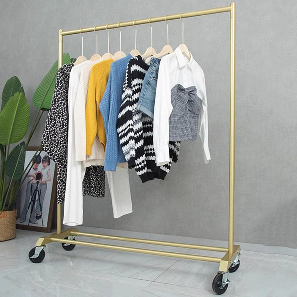 Heavy Duty Coat Rack, Garment Rack Metal Clothing Rack On Wheels, Boutique Display Clothes Rack with Shelves, Heavy Duty Clothes Rail, Portable Clothes Organizer for Bedroom (Gold 120X40X155CM)