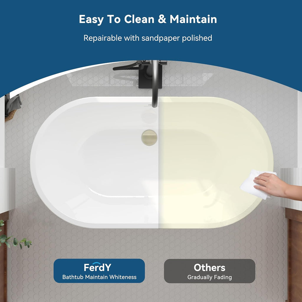 FerdY 47' Acrylic Freestanding Bathtub, Contemporary Soaking tub with Brushed Gold Drain, Elegant Oval Shape, cUPC Certified, Bali