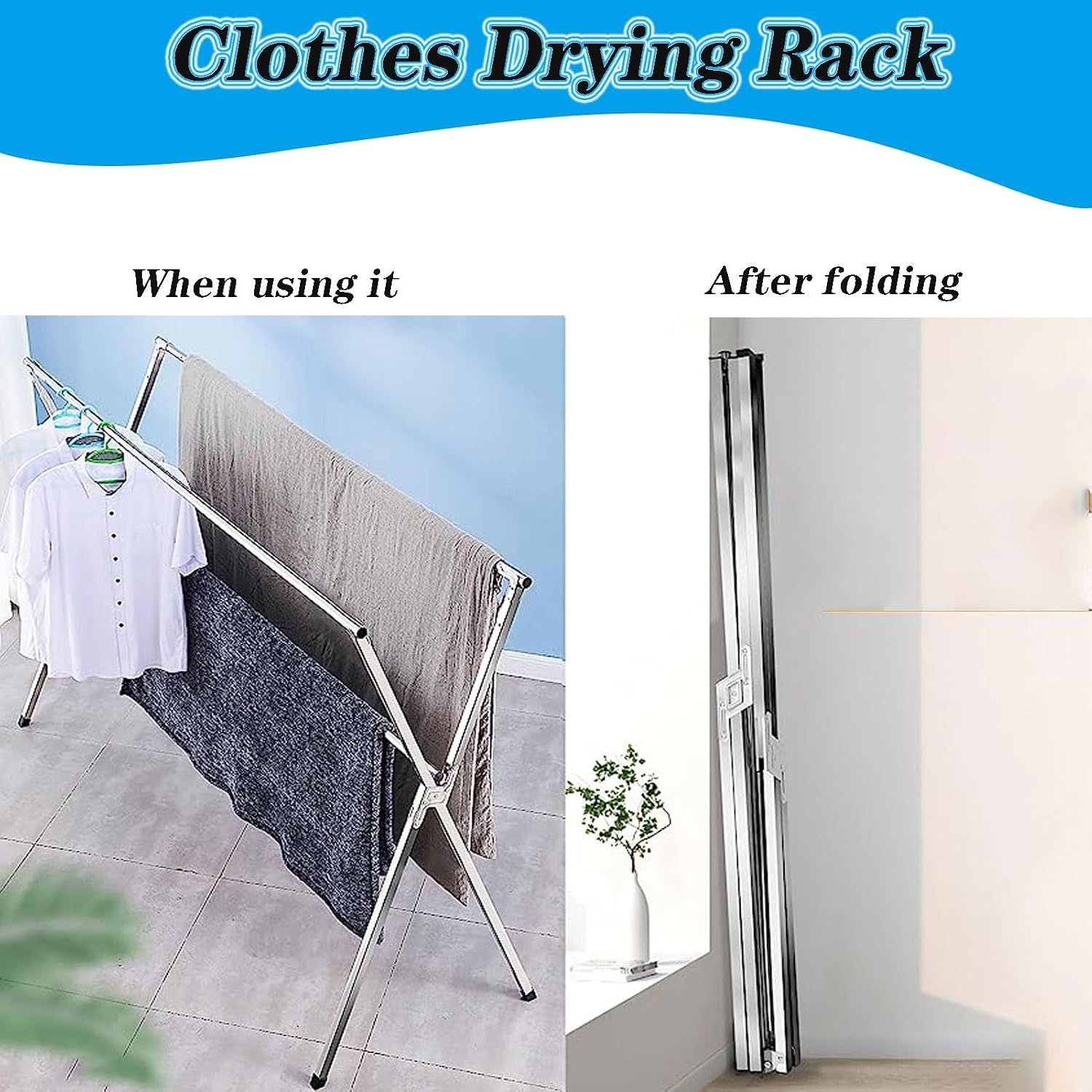 Clothes Drying Rack Folding Indoor, Garment Racks for Hanging Clothes Heavy Duty, Laundry Standing Shelf, Stainless Steel Laundry Stand, Saves Space (240cm/94 in)