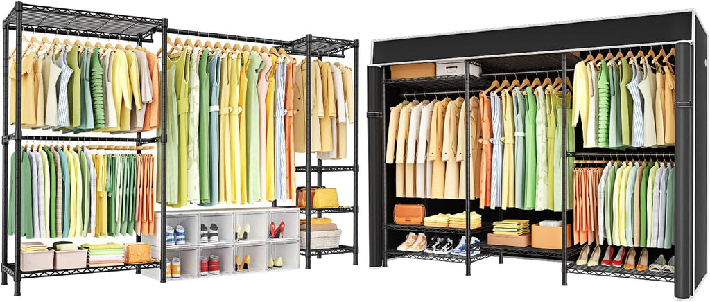 Ulif E10 (With Stretchable Hanger Rod) and E13C (With Dustproof Cover) Closet Organizer System, Freestanding Clothing Racks for Hanging Clothes，Adjustable Garment Rack