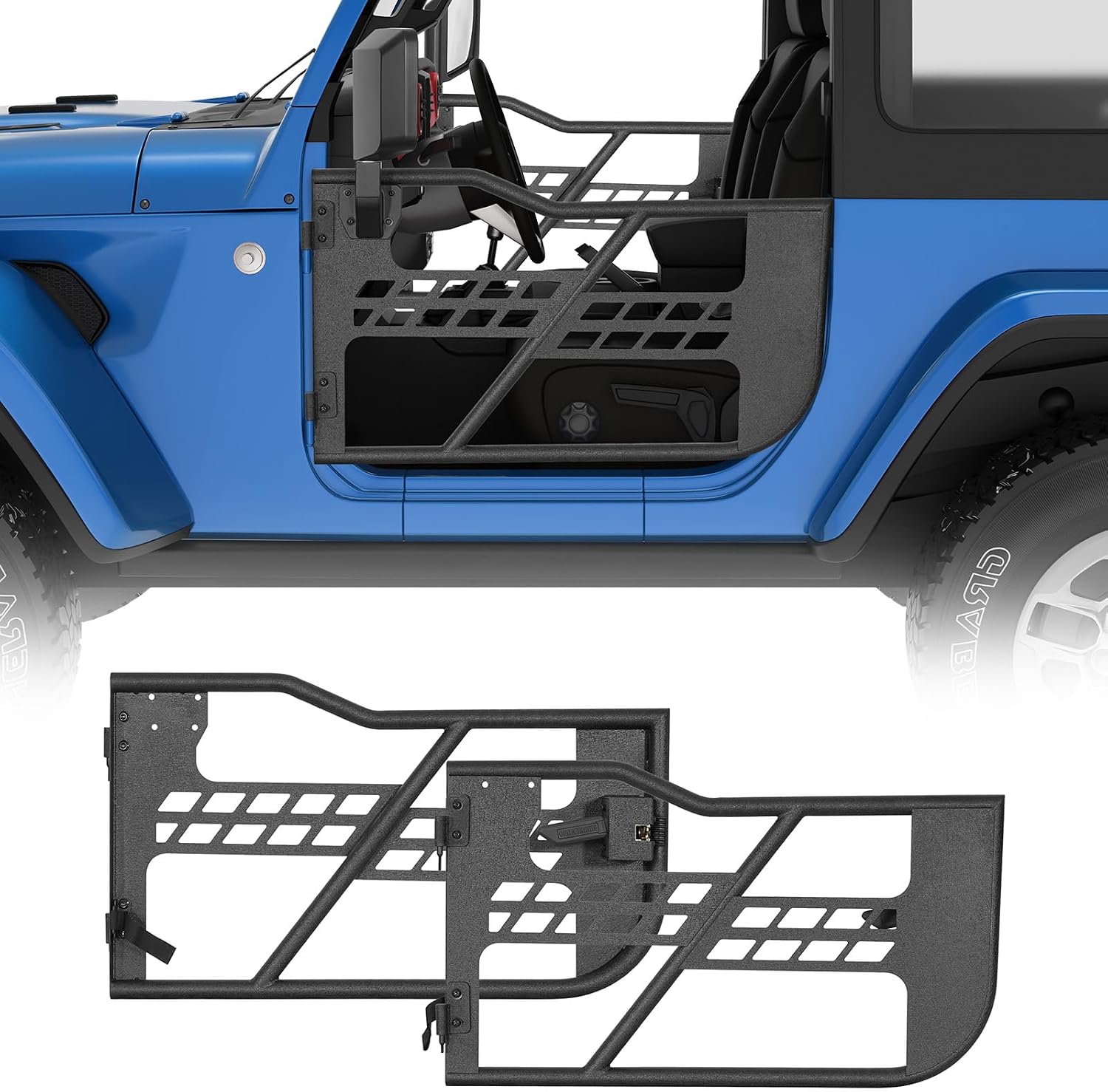 Hooke Road Tube Half Doors for 2018-2026 Jeep Wrangler JL 2-Door & Gladiator JT, Open-Air Summer Off-Road Doors wtih Secure Latch & Limiting Straps - 1 Pair (2-Door Only)