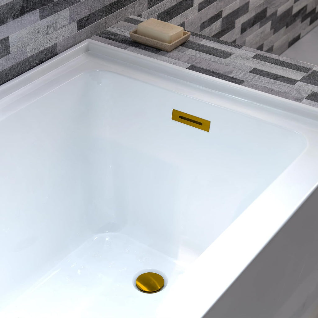 WOODBRIDGE 60' Acrylic Rectangular Alcove Soaking Bathtub in White with Right Drain, Brushed Gold Pop-Up Drain Included BA6030R