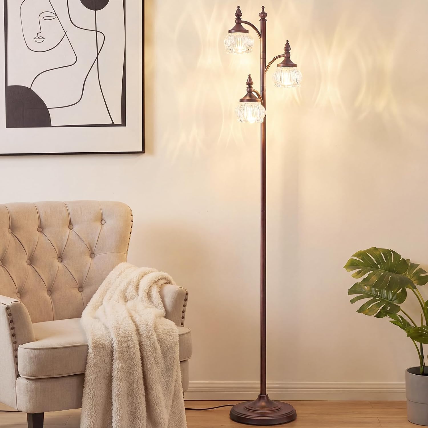 JUNNAI Brown Floor Lamps for Living Room Standing Lamp with 3 Brightness Lights Glass Shade 66.5in Flower Lamp for Bedroom Office Corner(3LED Bulbs Included)