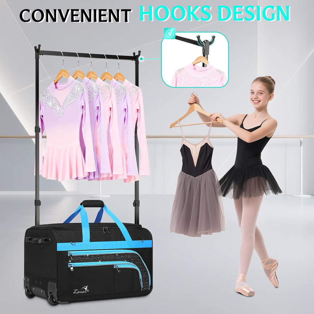 Dance Bag with Garment Rack - 28' Rolling Dance Competition Duffle Bag with Rack | Wheeled Dance Suitcase - Multiple Pockets for Dancers Cheerleader Athlete Travelers Livestreamer Cosplayer