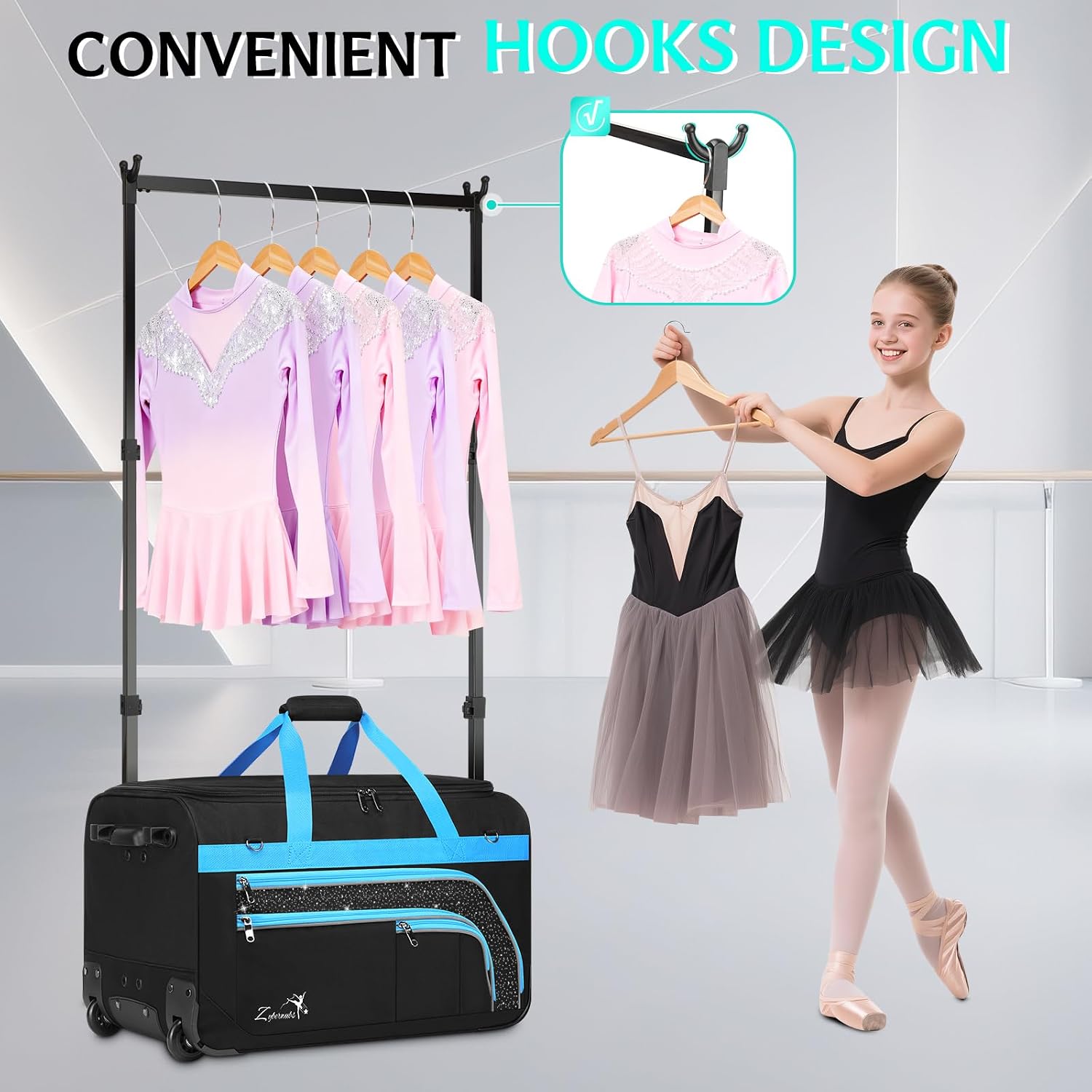 Dance Bag with Garment Rack - 28' Rolling Dance Competition Duffle Bag with Rack | Wheeled Dance Suitcase - Multiple Pockets for Dancers Cheerleader Athlete Travelers Livestreamer Cosplayer