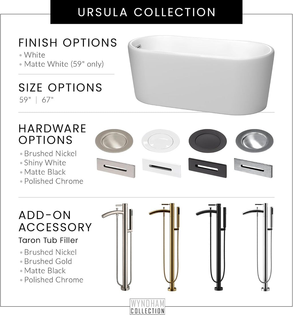 Ursula 59 Inch Freestanding Bathtub in White with Polished Chrome Trim and Floor Mounted Faucet in Brushed Gold
