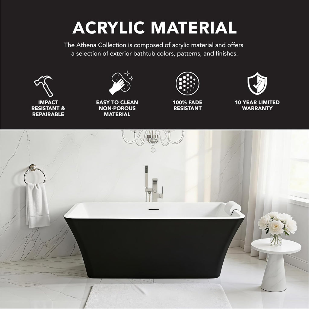 Transolid Lily 59 in. Freestanding Deep Soaking Bathtub | 23 in. Confirmed Soak Depth | Acrylic Flatbottom | Center Drain | Bath Pillow Included | 59 x30x23 in. | Matte Black/White | K-AFTL5930-M3109