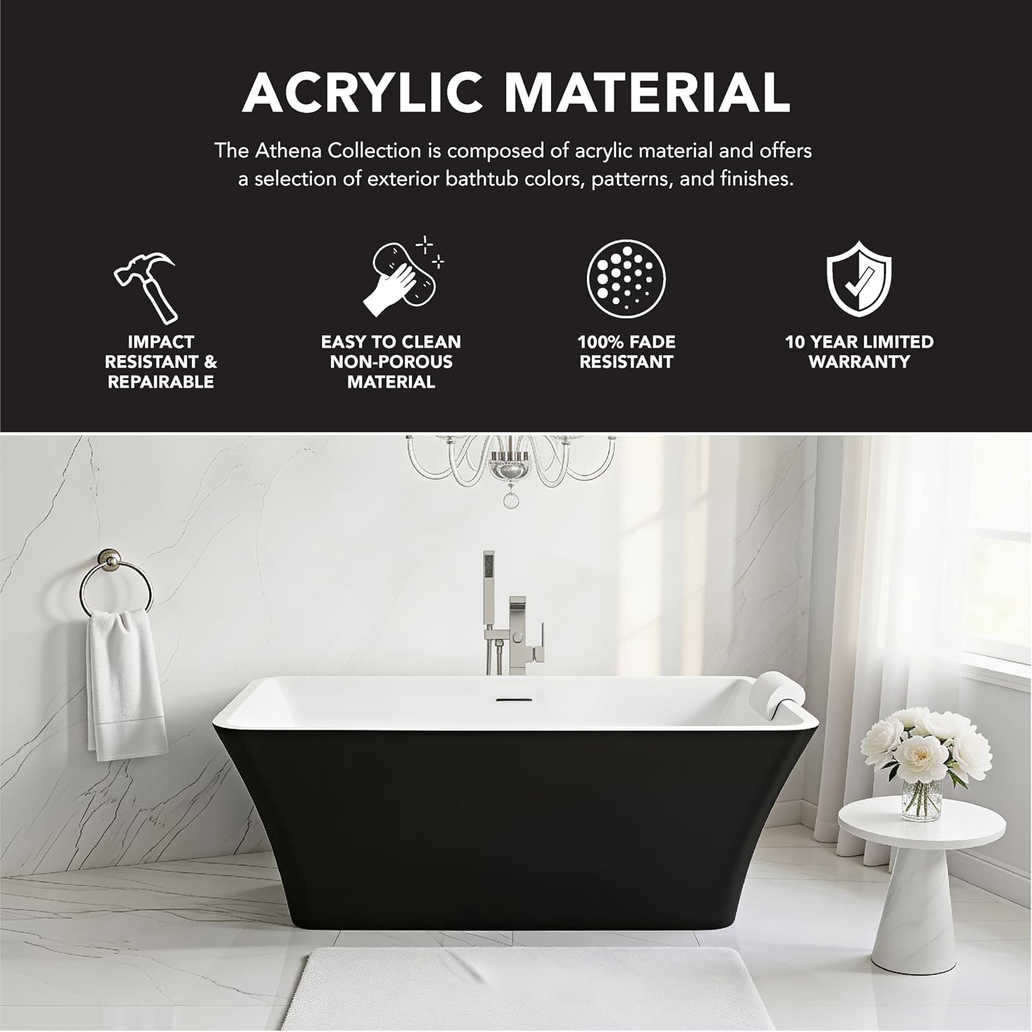 Transolid Lily 59 in. Freestanding Deep Soaking Bathtub | 23 in. Confirmed Soak Depth | Acrylic Flatbottom | Center Drain | Bath Pillow Included | 59 x30x23 in. | Matte Black/White | K-AFTL5930-M3109