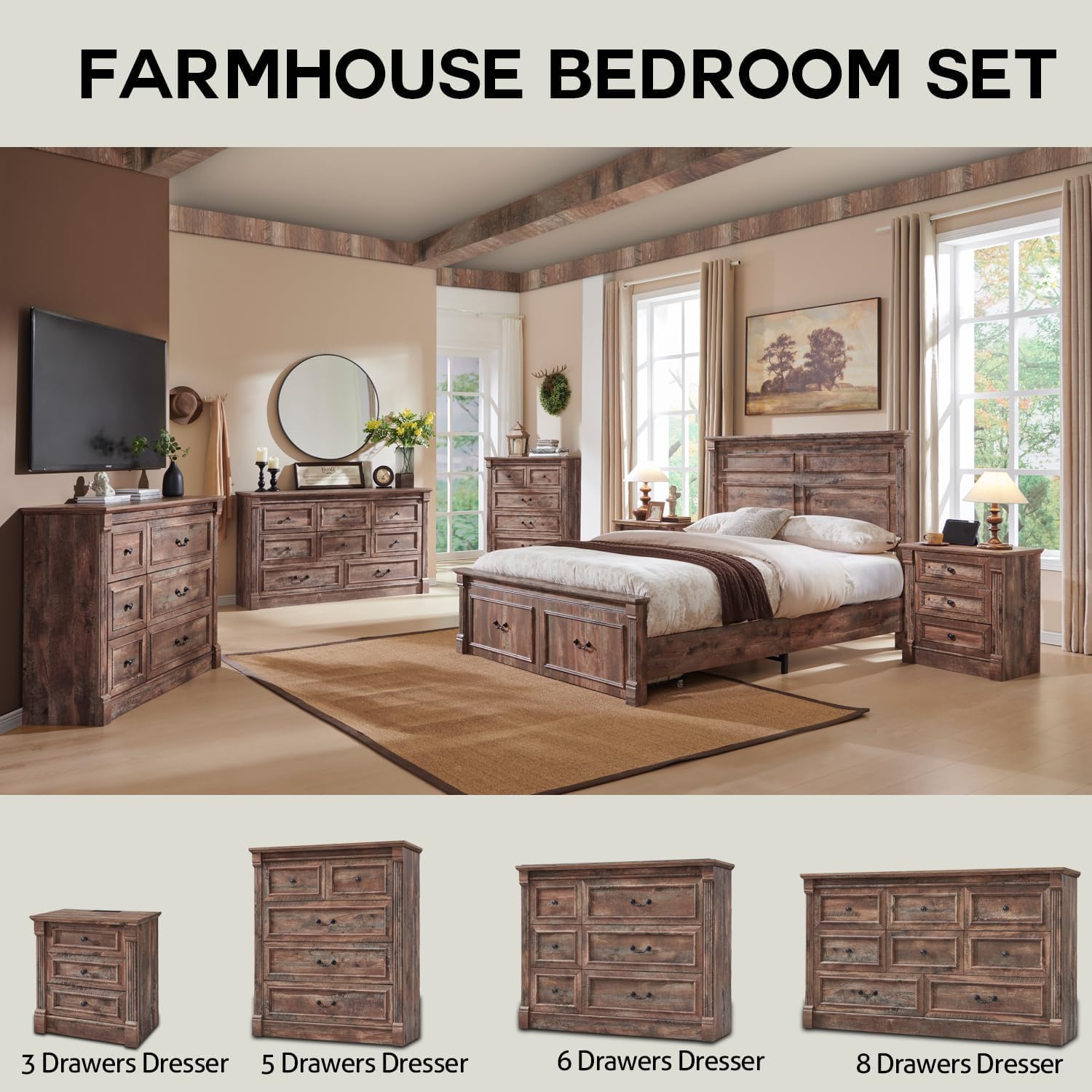 Aitjunz Farmhouse 7 Drawers Dresser for Bedroom, 57' Tall Large Dressers & Chests of Drawers w/Roman Column, Storage Dressers Organizer for Bedroom, Hallway, Living Room, Light Brown