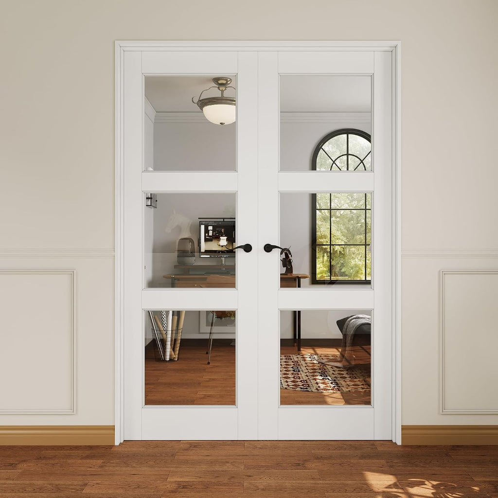 French Door 56' x 80' (Double 28' x 80') 3-Lite Clear Glass Door Slabs with Pre-Hung Jamb, Black Hinges, Levers and Latch, White Primed, French Interior Doors with Frame, Swing Double Bedroom Doors
