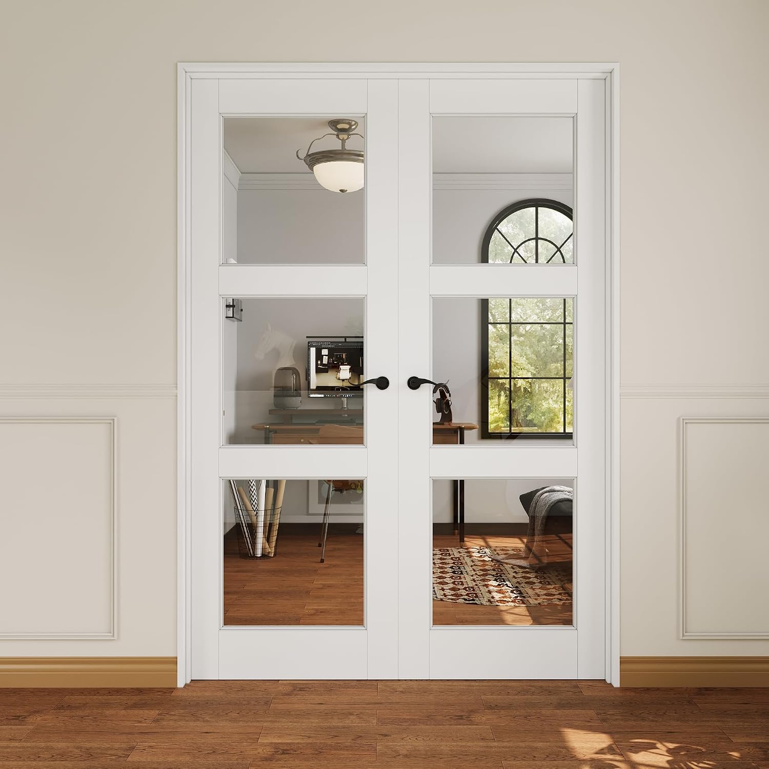 French Door 56' x 80' (Double 28' x 80') 3-Lite Clear Glass Door Slabs with Pre-Hung Jamb, Black Hinges, Levers and Latch, White Primed, French Interior Doors with Frame, Swing Double Bedroom Doors