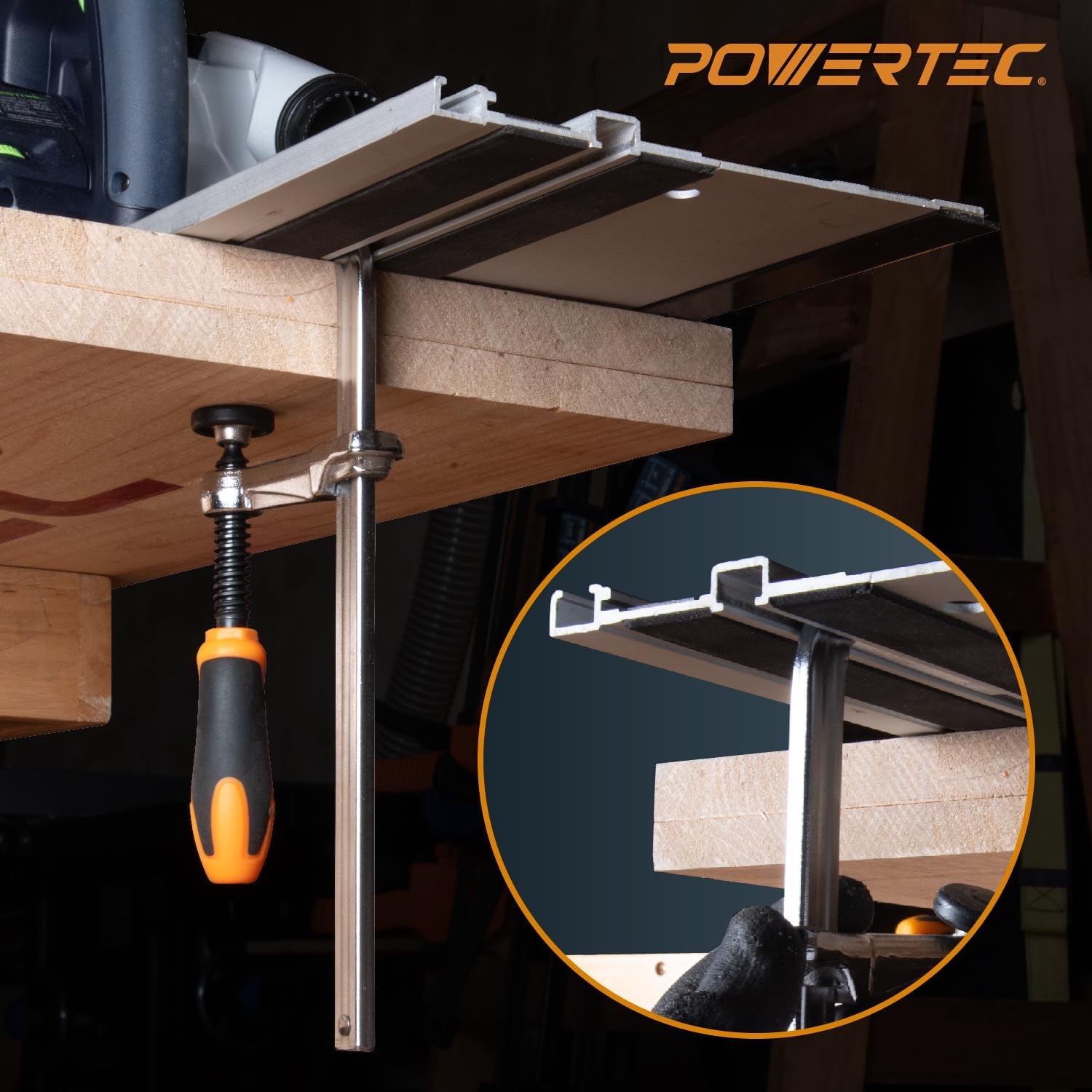 POWERTEC 110' Track Saw Guide Kit for DeWalt, Includes 2PK 55' Guide Rails, 1PK Guide Rail Connector, and 2PK 7' Track Saw Clamps (72059)