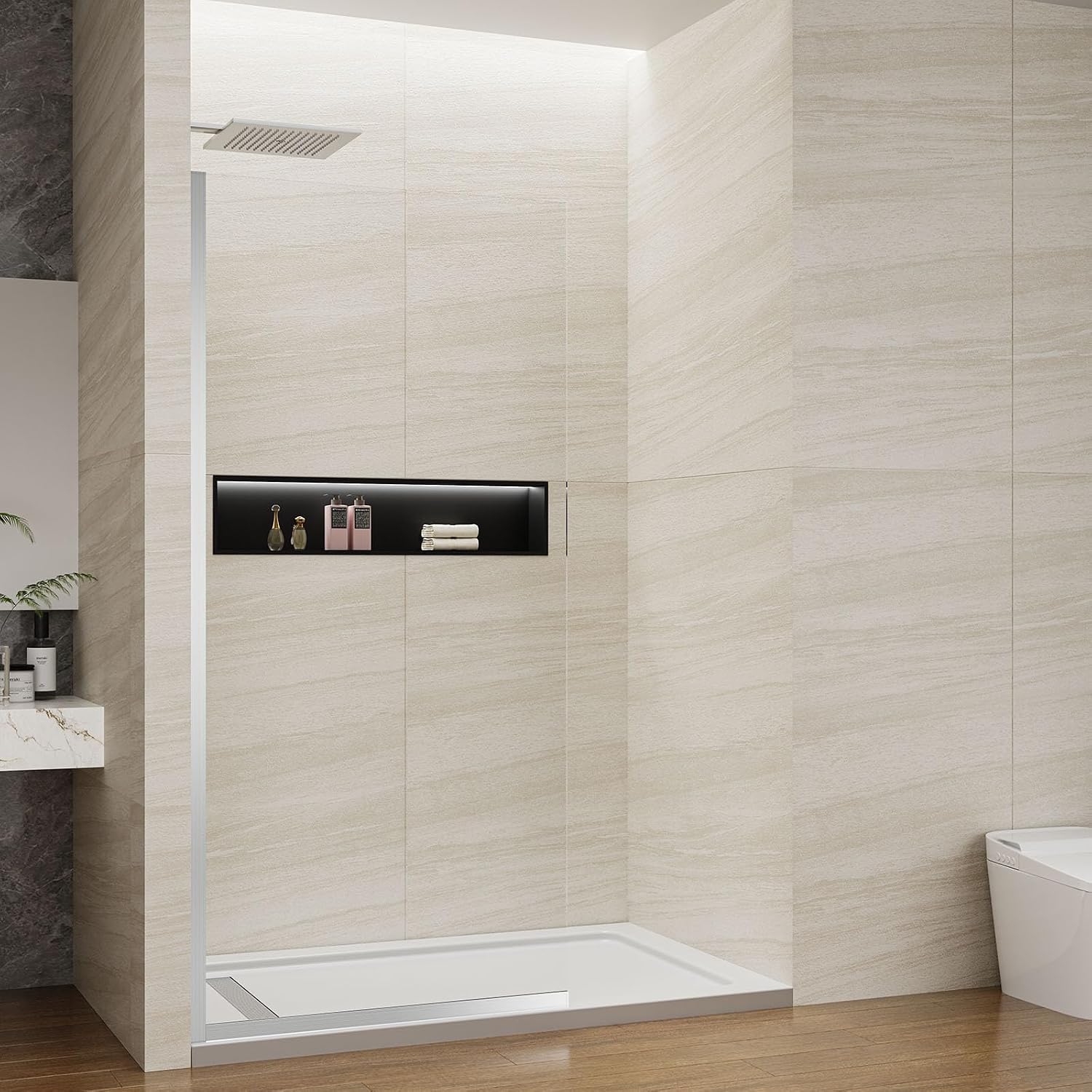 Shower Screen 36' x 76' Half Frameless Shower Wall Panel, Tempered Glass 3/8 inch, Easy to clean Coating, Fixed Glass Shower Door with Hardware (Brushed)