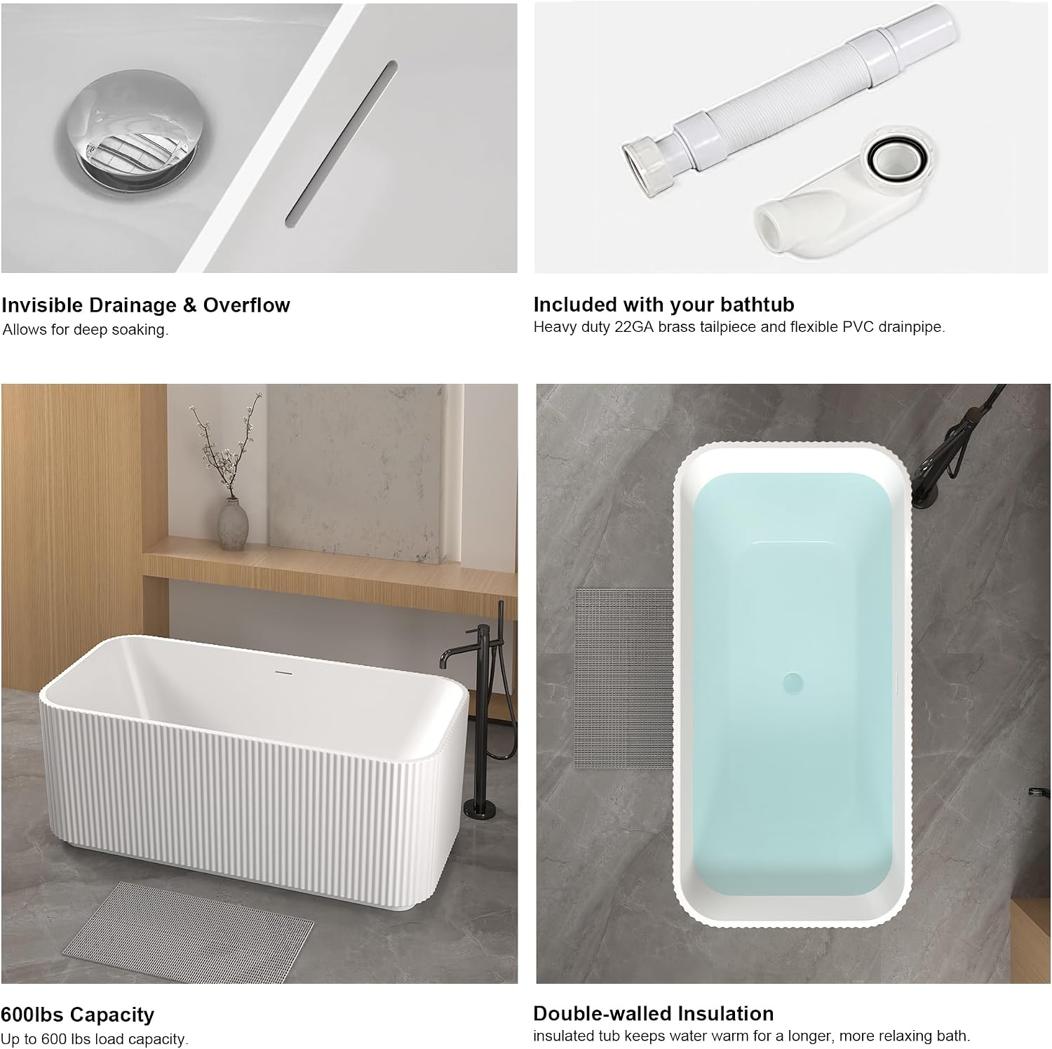 59' Freestanding Bathtub, Rectangle Linear Acrylic Soaking Tub with Chrome Pop-Up Drain, Glossy White Stand Alone Soaker Tub, Double Wall Insulated, Modern Luxury Bathroom Tub
